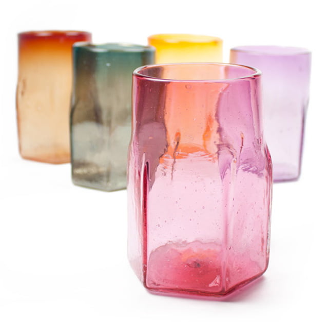 Hexagon Shaped Handblown Glass Tumblers in Bright Colours