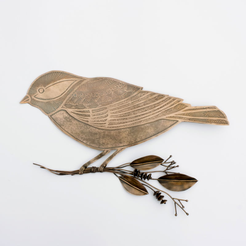 Etched Copper Bird with Frond Bouquet