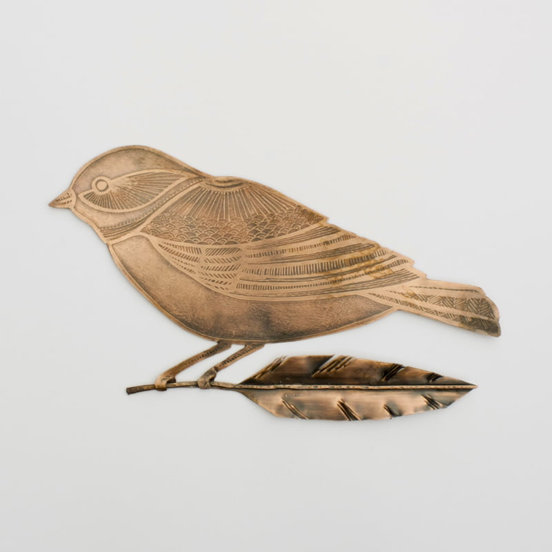 Etched Copper Bird with Feather