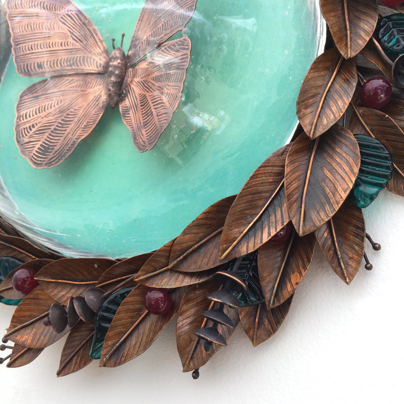 Copper Butterfly with Leaves and Glass