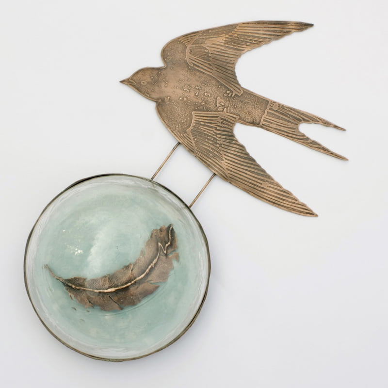 Copper Swallow with Feather and Glass